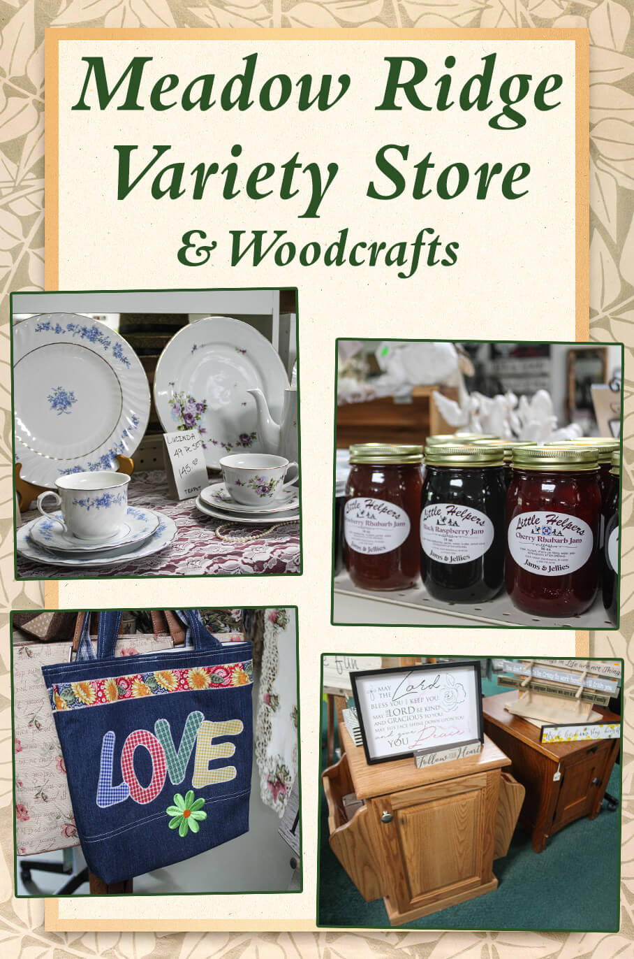 Collage of Meadow Ridge Variety Store & Woodcrafts' Products 