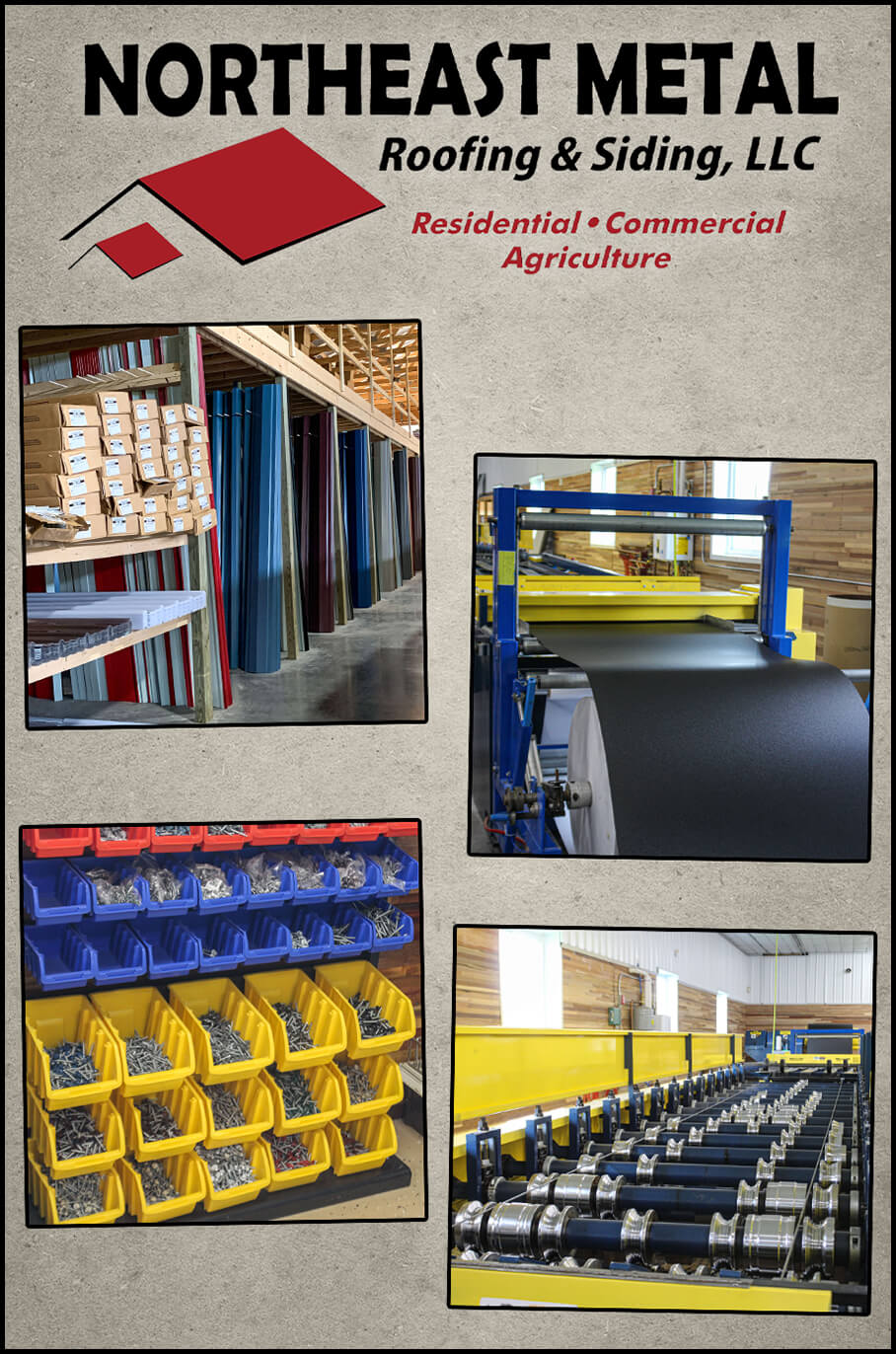 Collage of Northeast Metal Roofing & Siding's Warehouse and Products