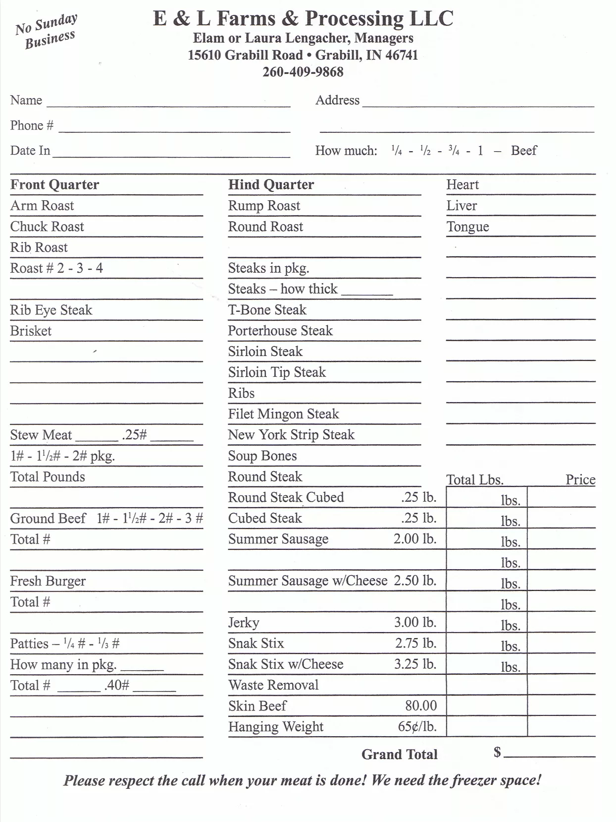 E & L Farms Meat Processing Just Plain Business