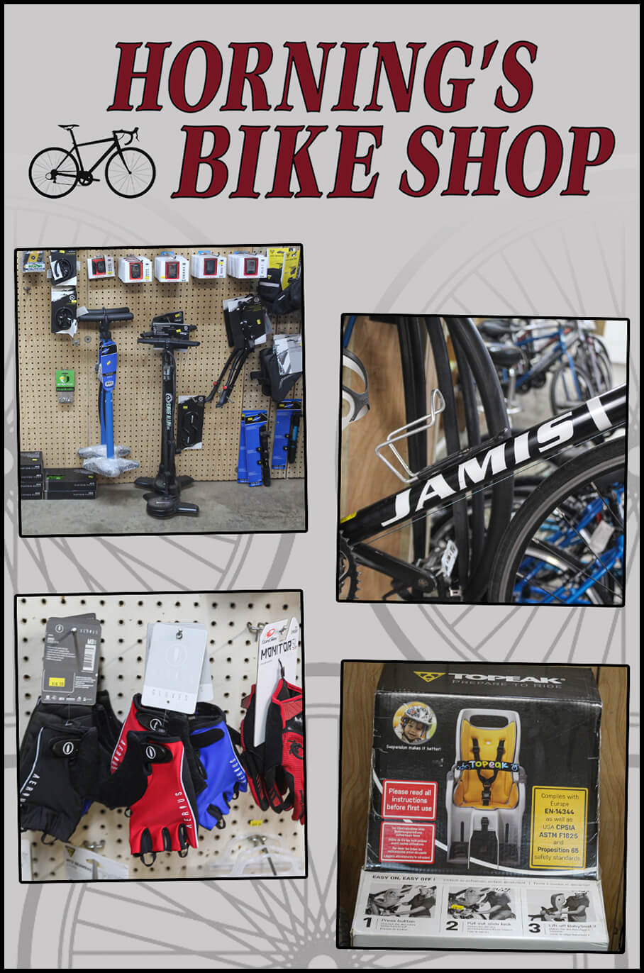 Collage of Horning's Bike Shop's Products