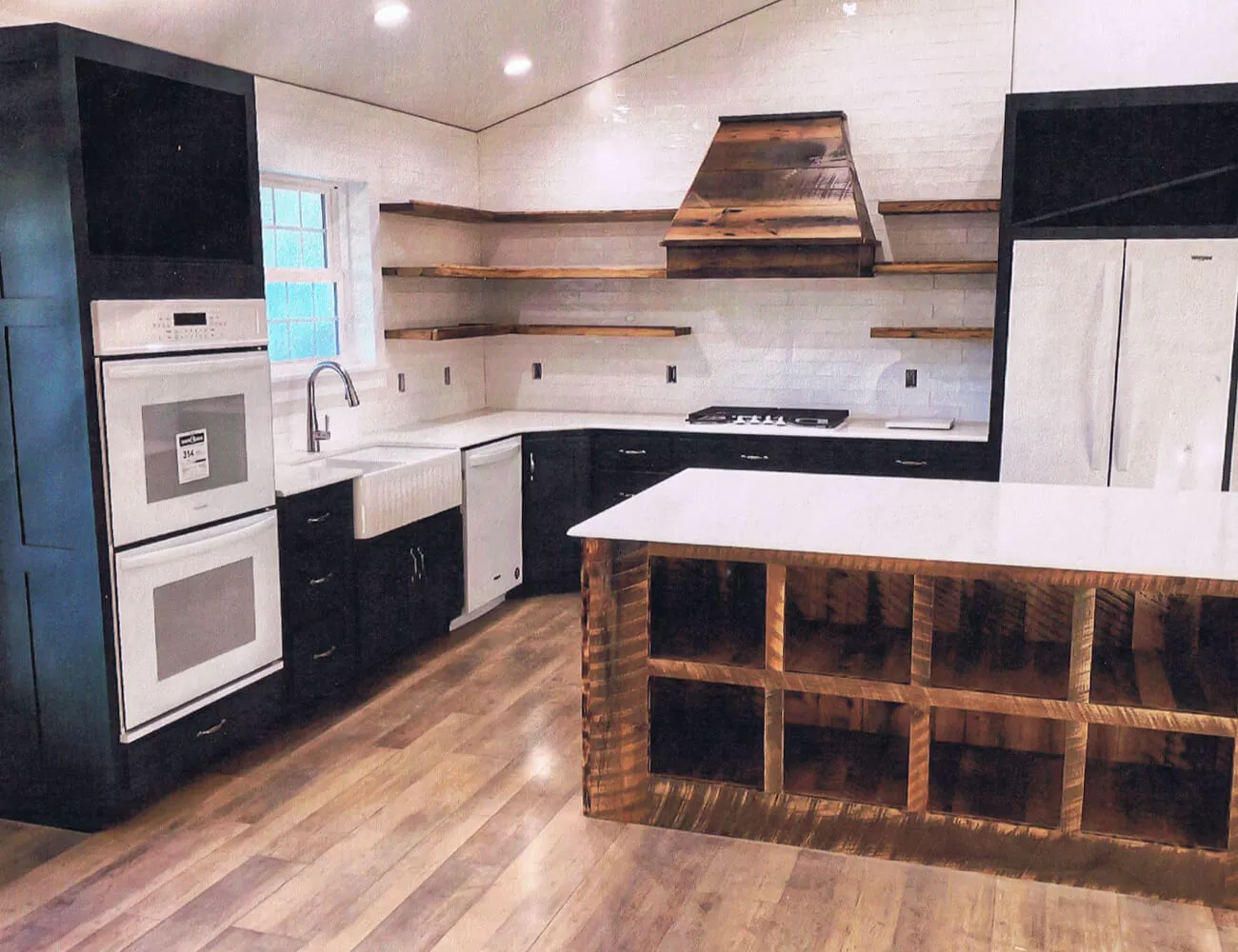 Hemlock Acres Furniture & Custom Cabinets Punxsutawney, PA Kitchen with All New Black Cabinets and Rustic Wooden Shelves