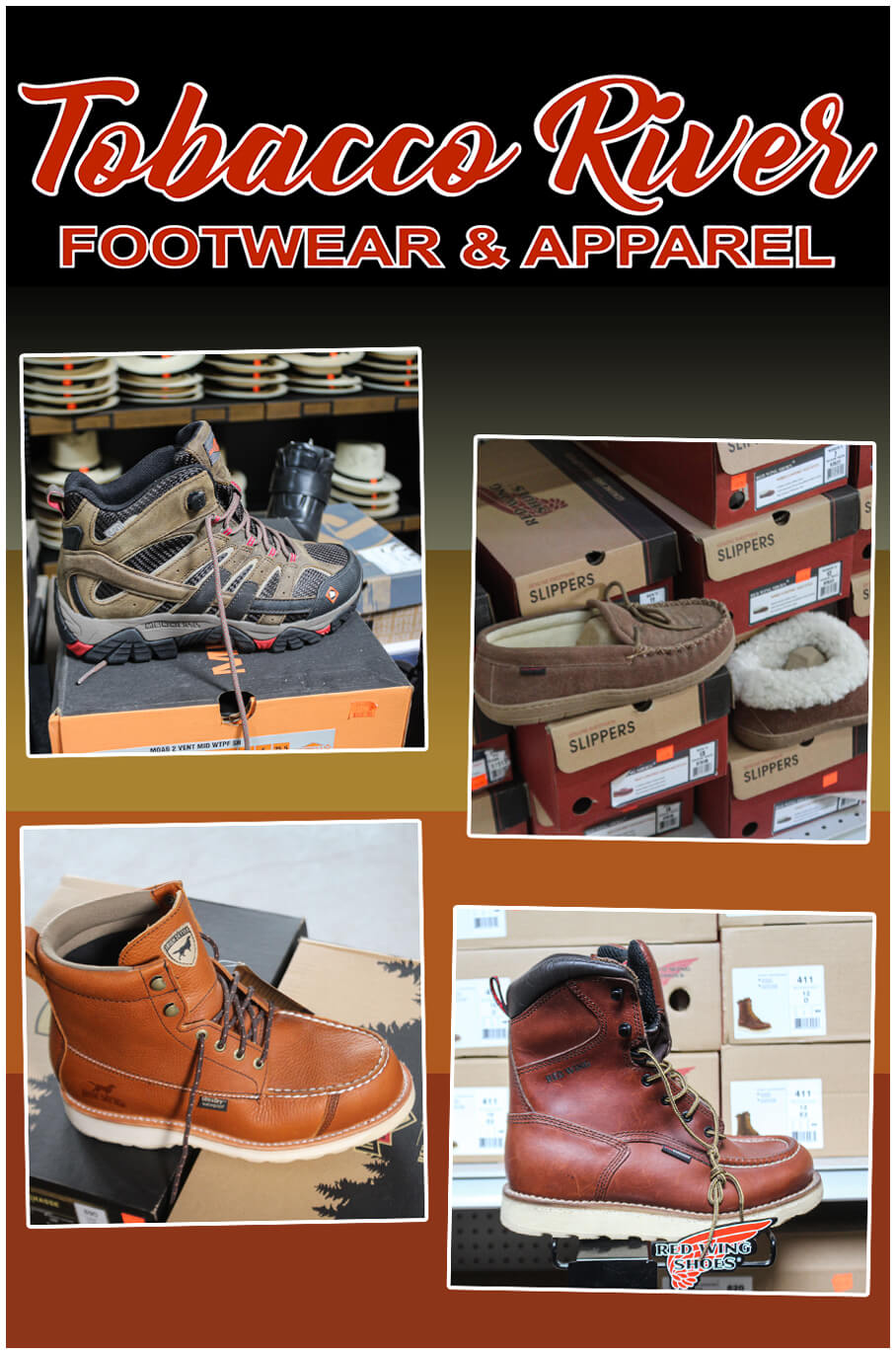 Collage of Tobacco River Footwear & Apparel's Products