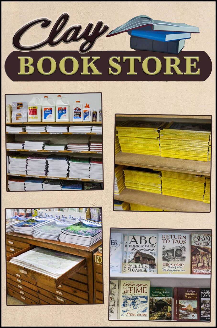 Collage of Clay Book Store's Products