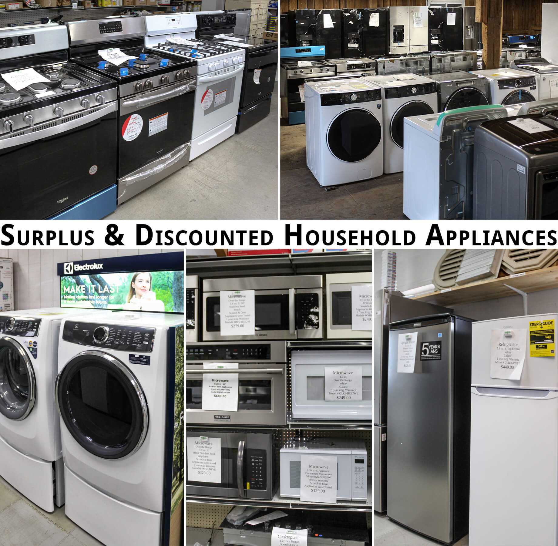 Collage of Slate Road Supply Bent N Dent Appliance Sales Products