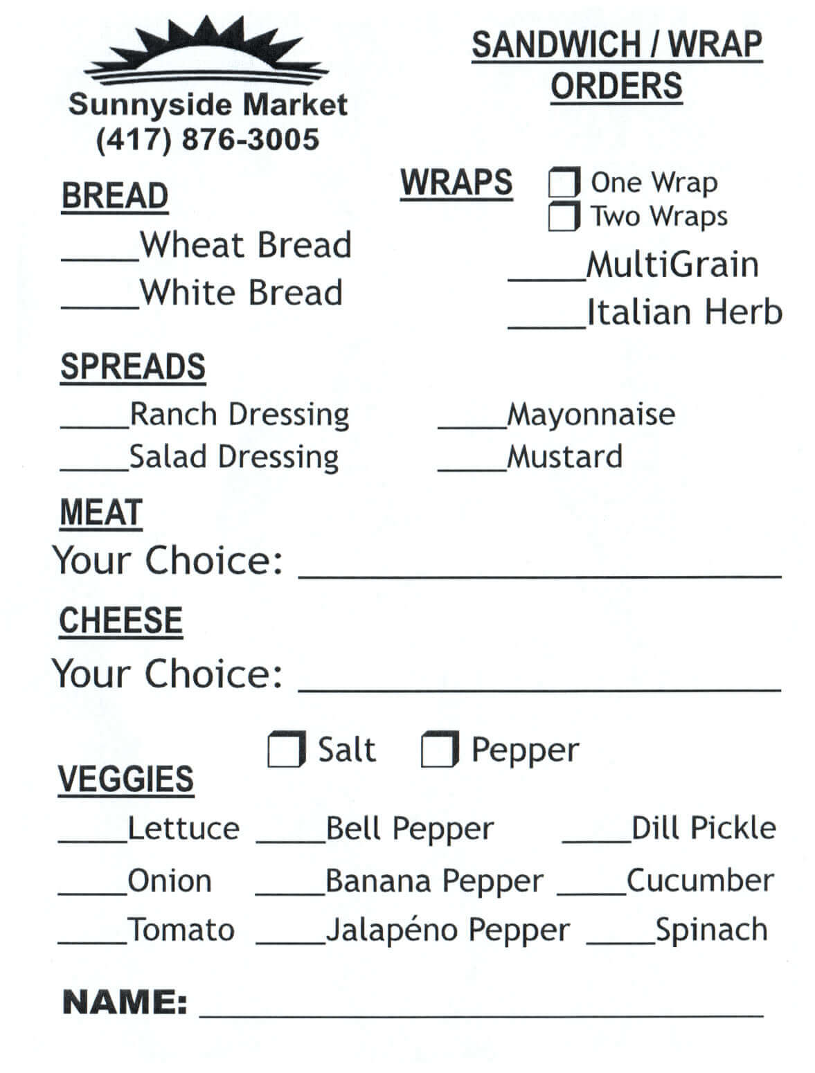 Sunnyside Market Sandwich/ Wrap Menu