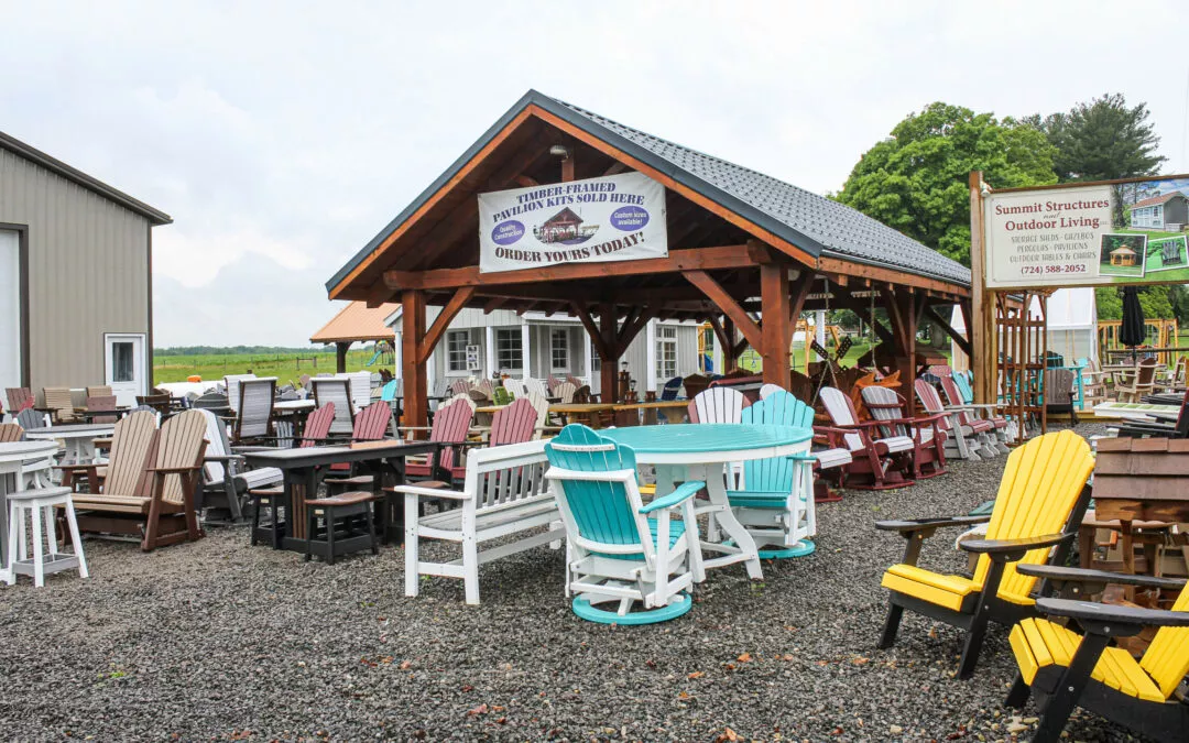 Summit Structures & Outdoor Living Greenville, PA Outdoor Poly Patio Furniture on Display Under a Gazebo