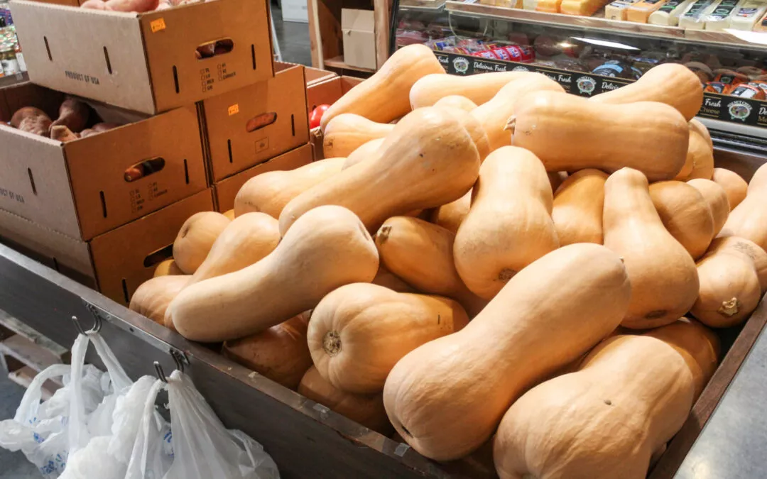 Cedar Grove Market and Bluegrass Hearth & Grill Cerulean KY Table of Squash in Produce Section of Grocery Store