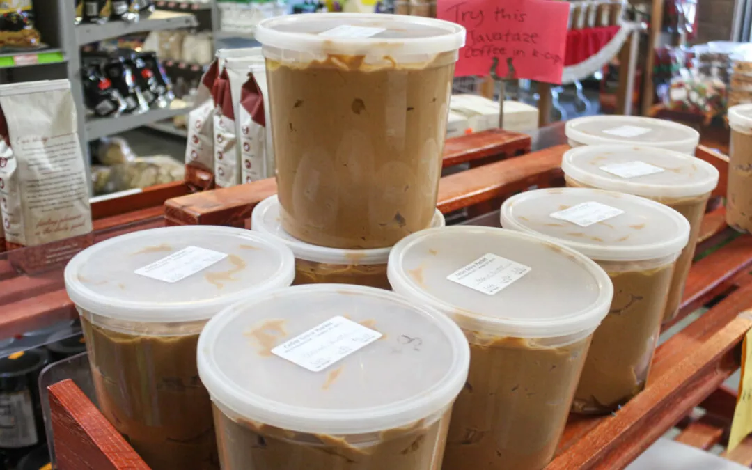 Cedar Grove Market and Bluegrass Hearth & Grill Cerulean KY Tubs of Homemade Peanut Butter at Grocery Store