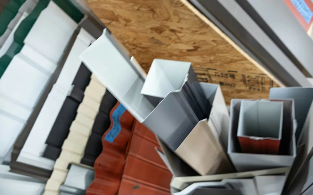 Martin's Trim Forming Millmont, PA A collection of metal roofing sheets, displayed vertically in a storage area.