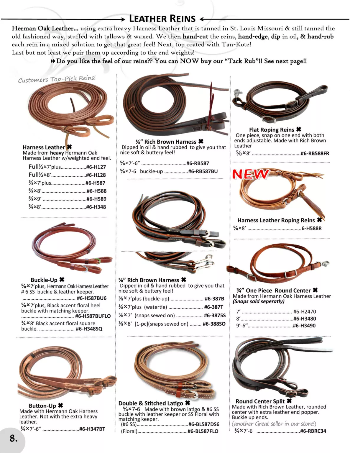 Miller's Saddlery Goshen IN A catalog page showcasing various leather reins, including descriptions, prices, item numbers, and images of different styles such as roping reins, harness reins, and round center split reins.