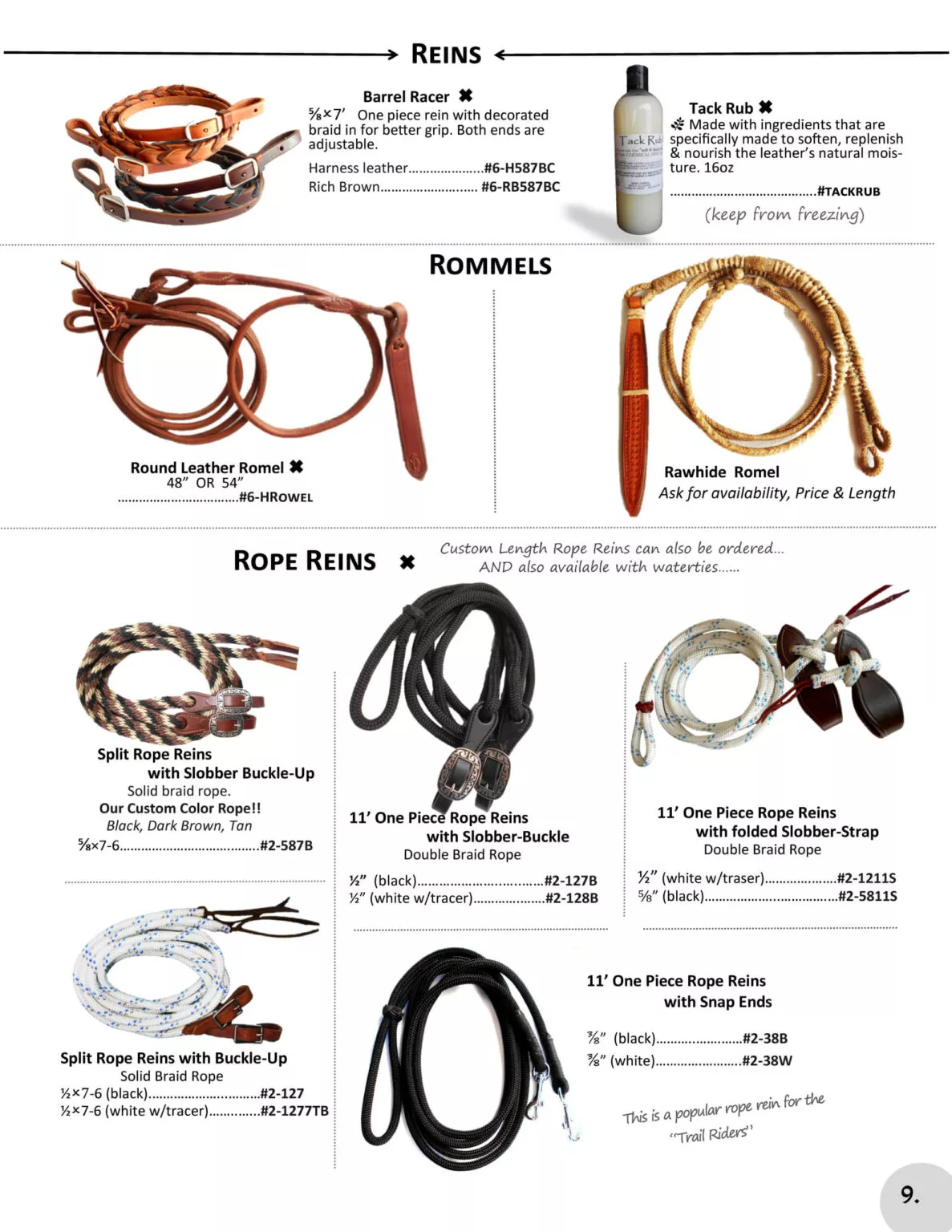 Miller's Saddlery Goshen IN Image shows a catalog page featuring various types of reins labeled "REINS," "ROMMELS," and "ROPE REINS," with descriptions of different products including barrel racer reins, romel reins, and tack rub.