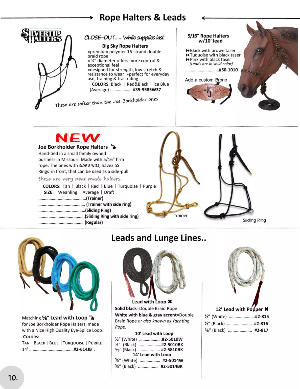 Miller's Saddlery Goshen IN A product catalog page showing various types of rope halters, leads, and lunge lines. The page features images, product descriptions, pricing, and available colors for each item.