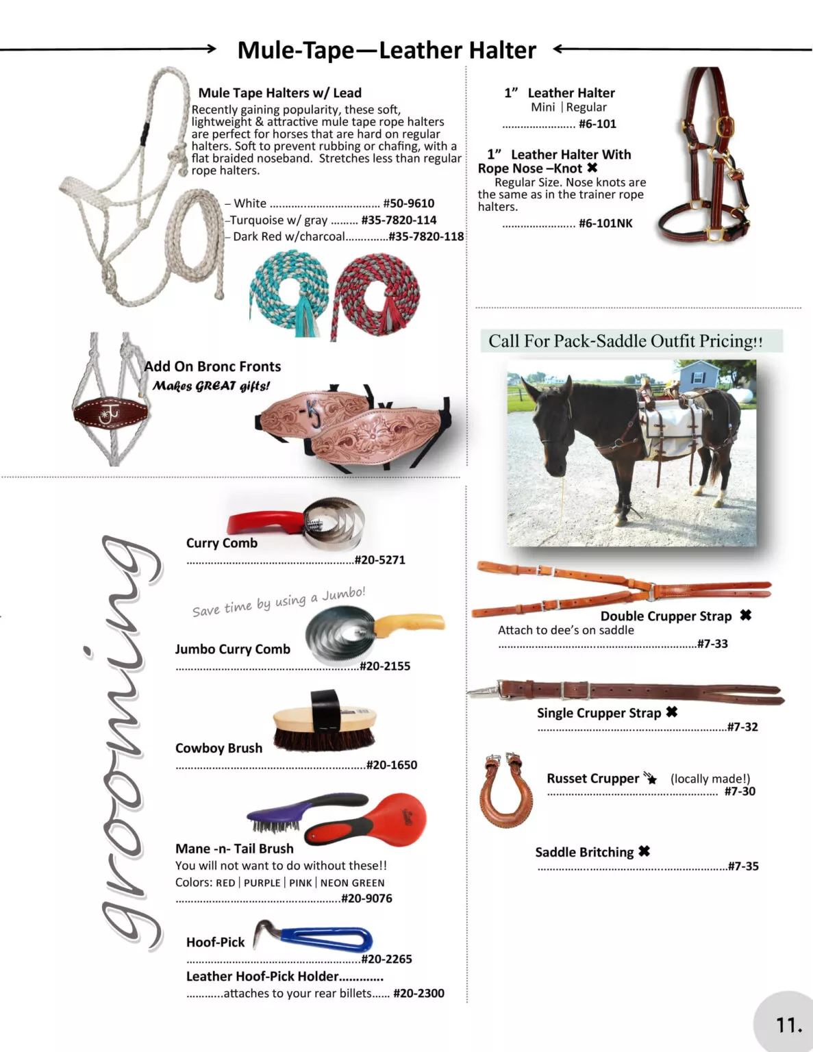 Miller's Saddlery Goshen IN Page from a catalog showcasing various equestrian leather products, including halters, leads, curry combs, hoof picks, and bridle straps. The page includes images, item numbers, and brief product descriptions.