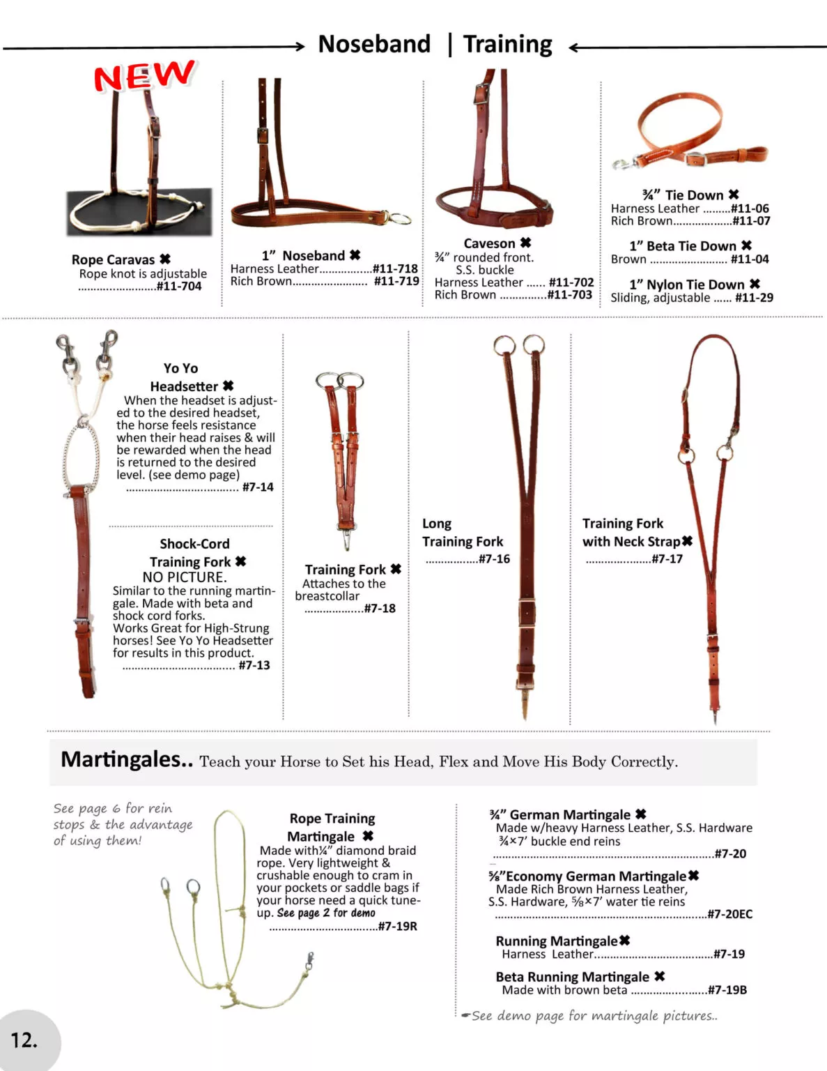 Miller's Saddlery Goshen IN A catalog page displaying various nosebands and martingales for training horses, including items such as rope cavessons, German martingales, and yo-yo headsetters. Descriptions and prices are provided.