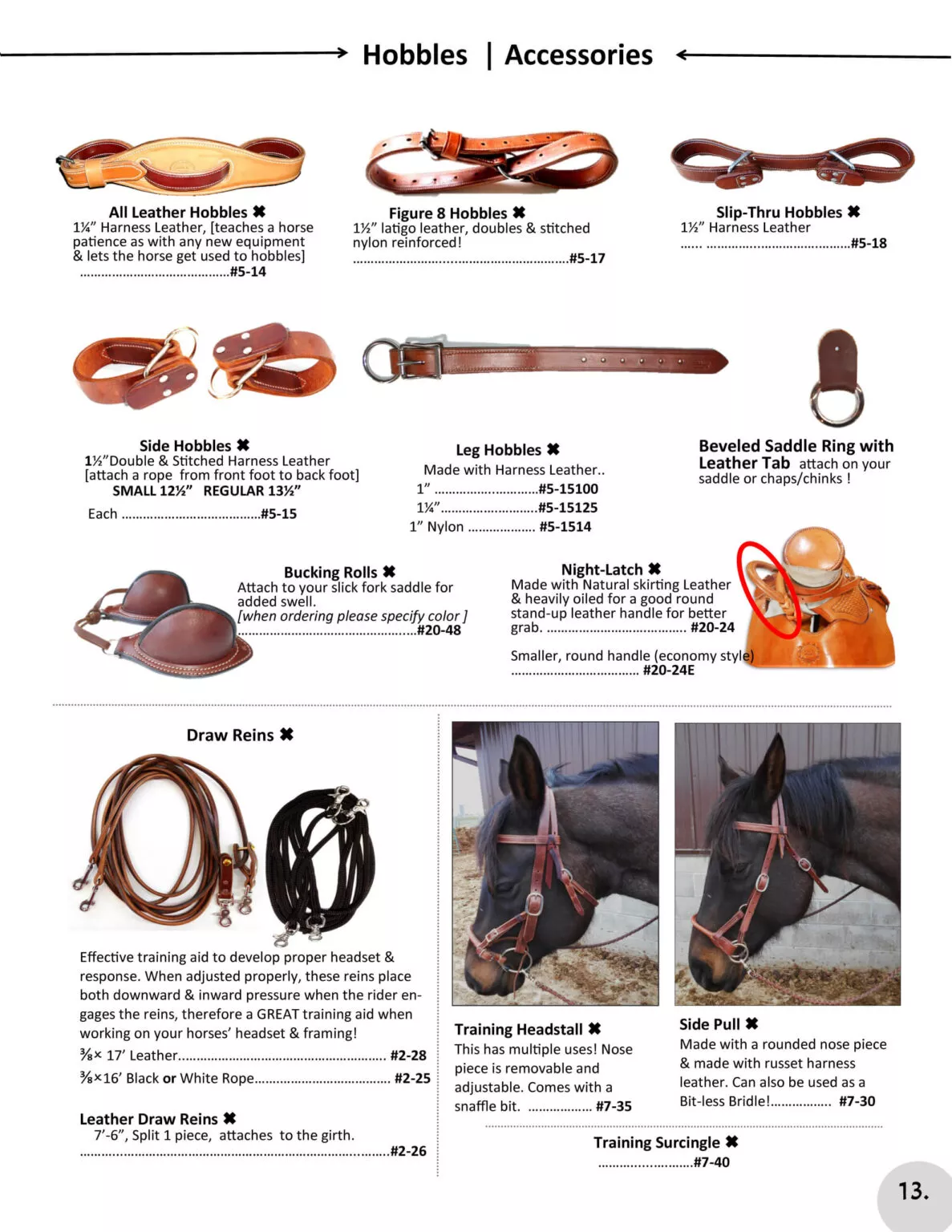 Miller's Saddlery Goshen IN An image displaying various horse hobbles and accessories, including leather hobbles, slip-thru hobbles, bucking rolls, and draw reins, with descriptions, price tags, and item numbers.