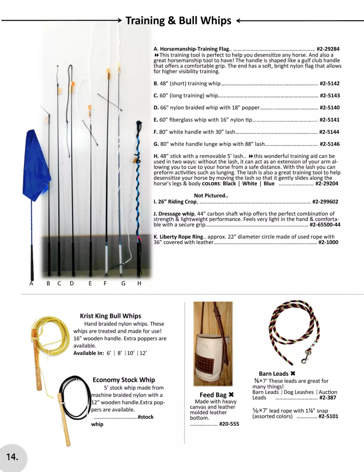 Miller's Saddlery Goshen IN A catalog page featuring various training and bull whips, a lunge rein, a dressage whip, riding crop, jump bat, liberty rope ring, and accessories including whip carrier bags and wrist loops.
