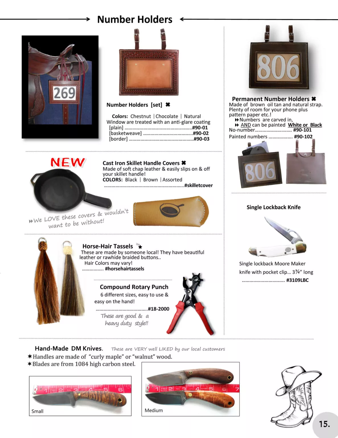 Miller's Saddlery Goshen IN A catalog page featuring different types of number holders, hand-made DM knives, cast iron skillet handle covers, horse-hair tassels, and a single lockback knife.