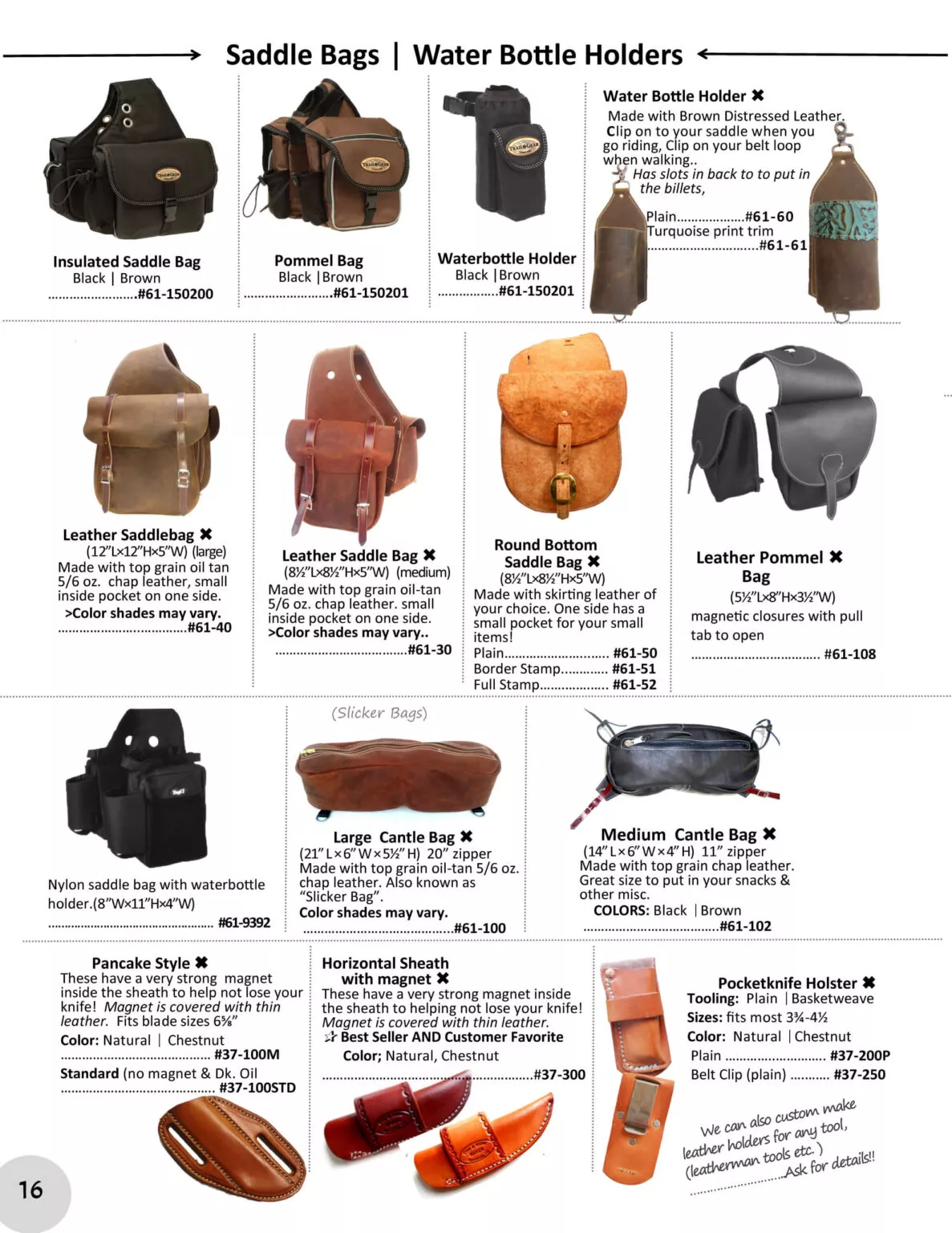 Miller's Saddlery Goshen IN A catalog page showcasing various saddle bags and water bottle holders, including descriptions, prices, and item numbers, with images of each product arranged in a grid format.