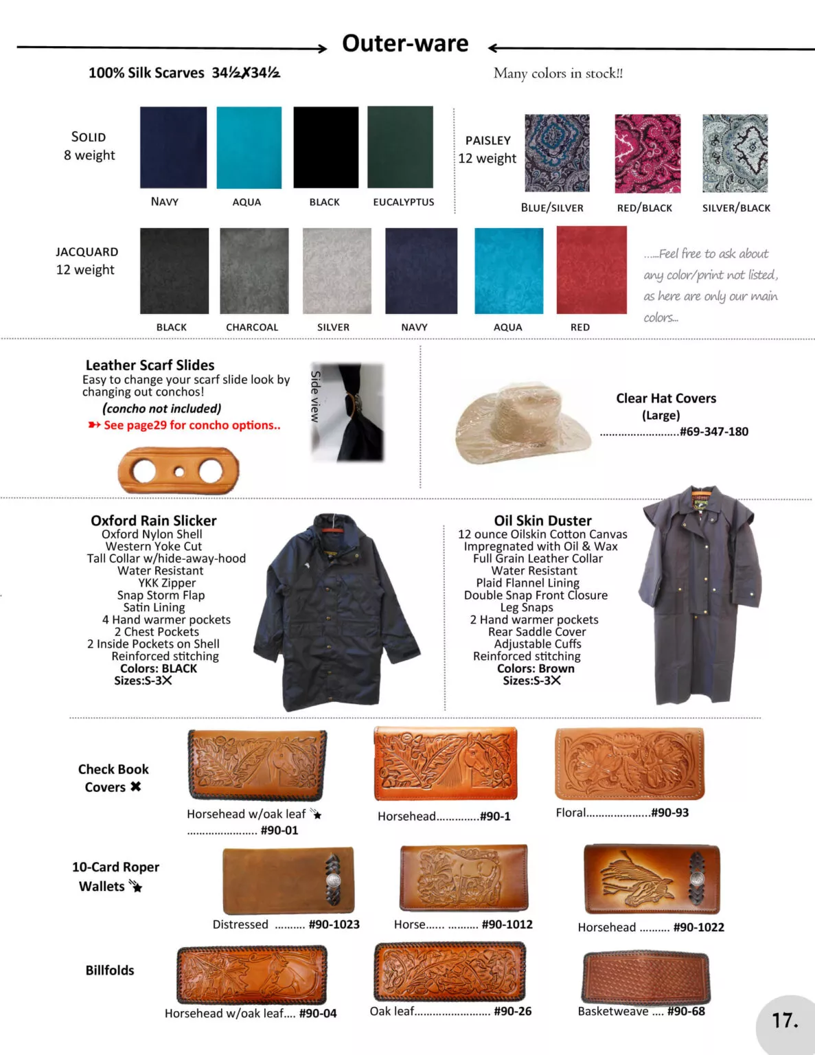 Miller's Saddlery Goshen IN Catalog page displaying various outerwear items including silk scarves in multiple colors and patterns, leather scarf slides, clear hat covers, rain slickers, oil skin dusters, check book covers, rope wallets, and billfolds.