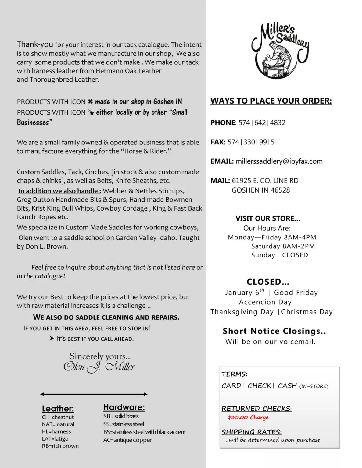 Miller's Saddlery Goshen IN Flyer for Miller's Saddlery & Horse Tack. Lists products from Hermann Oak Leather and Thoroughbred Leather alongside contact information, business hours, shipping rates, and payment options.