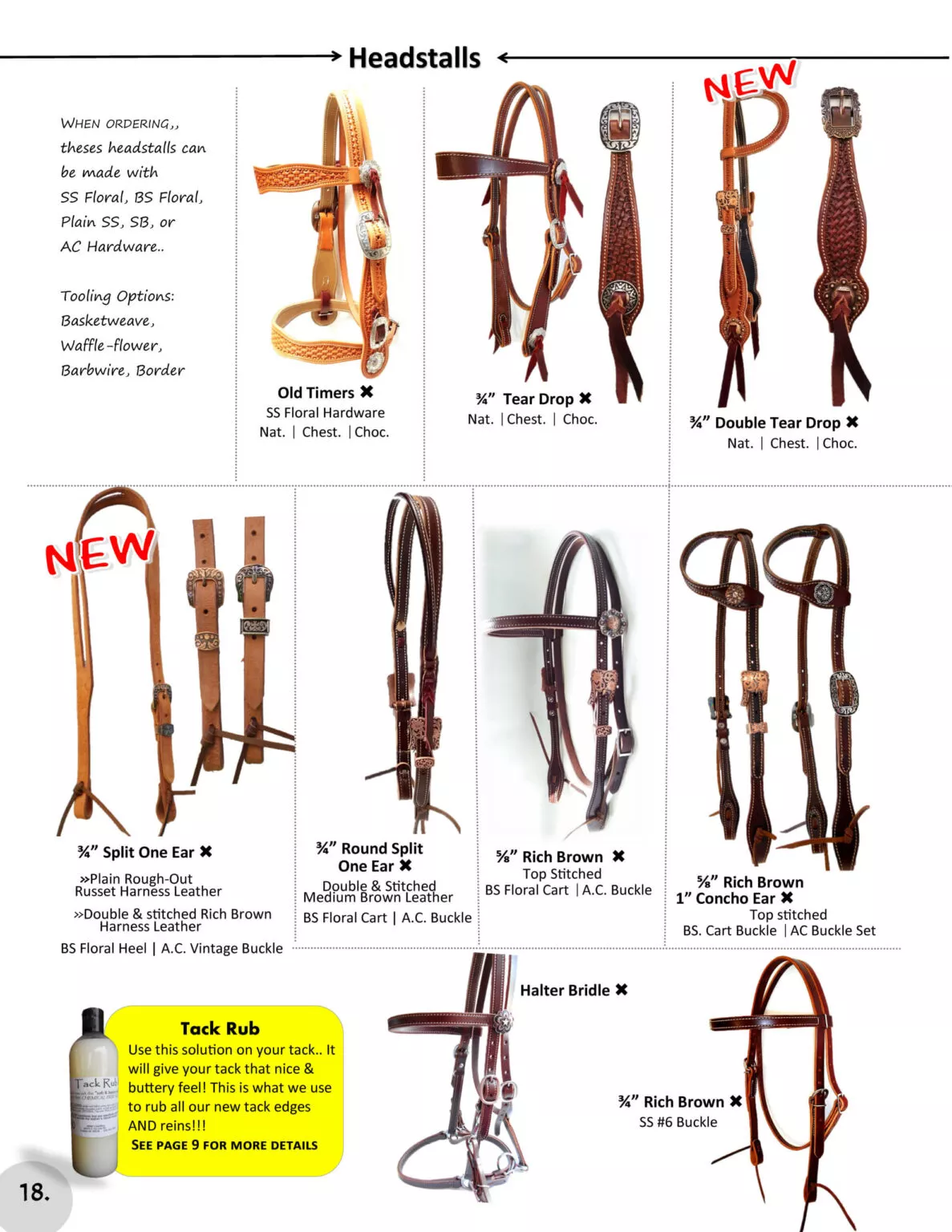 Miller's Saddlery Goshen IN Image of a catalog page showcasing various headstalls. Each product is visibly labeled with details about its type, hardware, and finish. The page also features a Tack Rub bottle and product number.