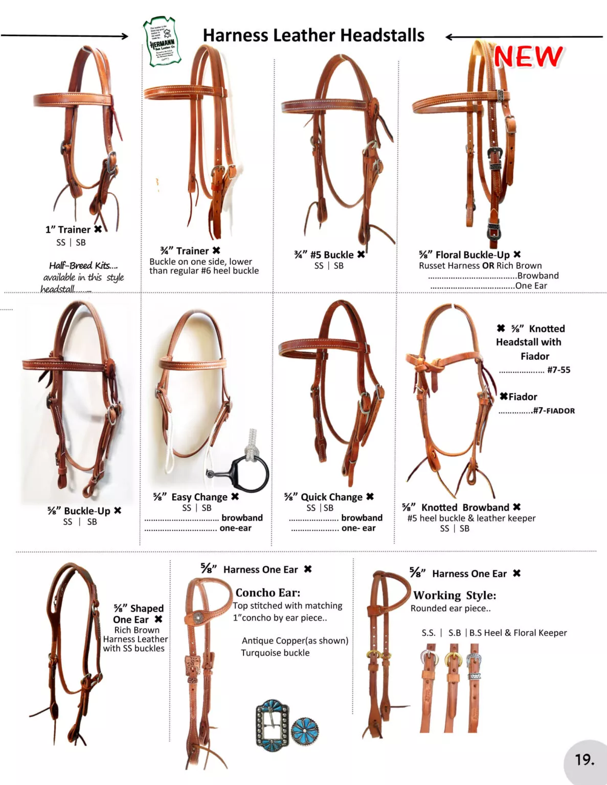 Miller's Saddlery Goshen IN Image displaying a collection of various harness leather headstalls, including 1" Trainer, 3/4" Trainer, 3/4" Buckle Up, 5/8" Buckle Up, 5/8" Floral Buckle-Up, and other models with prices and specifications.
