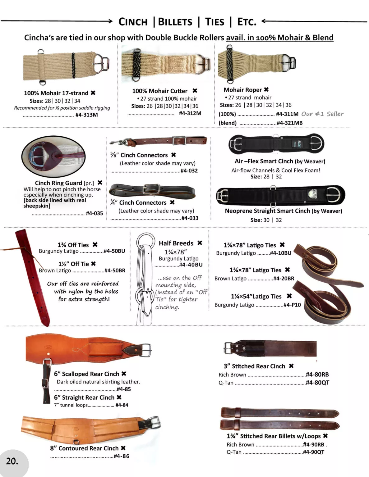 Miller's Saddlery Goshen IN A product catalog page showcasing various types of cinches, billet ties, and other equestrian accessories, detailing materials, prices, and features with images and item codes for each product.