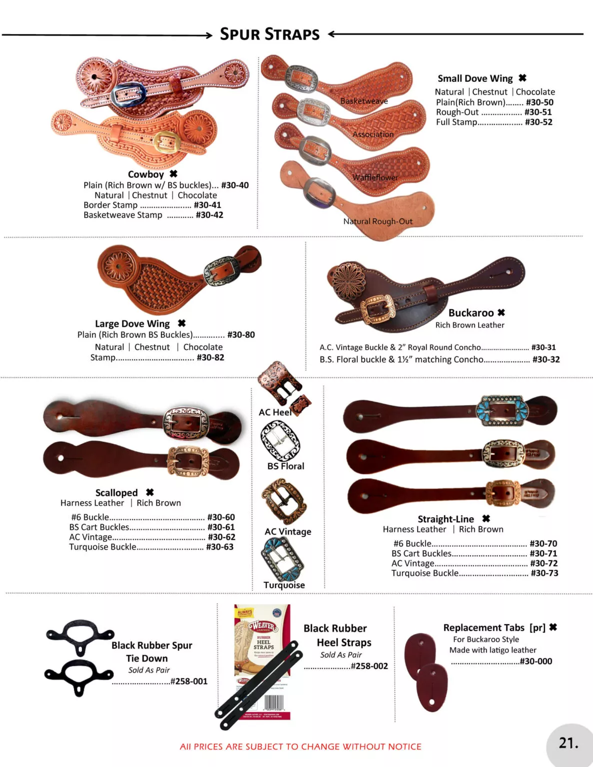 Miller's Saddlery Goshen IN A catalog page displaying various designs of spur straps, including descriptions, item numbers, and prices. The designs feature different leathers, buckles, and decorations.