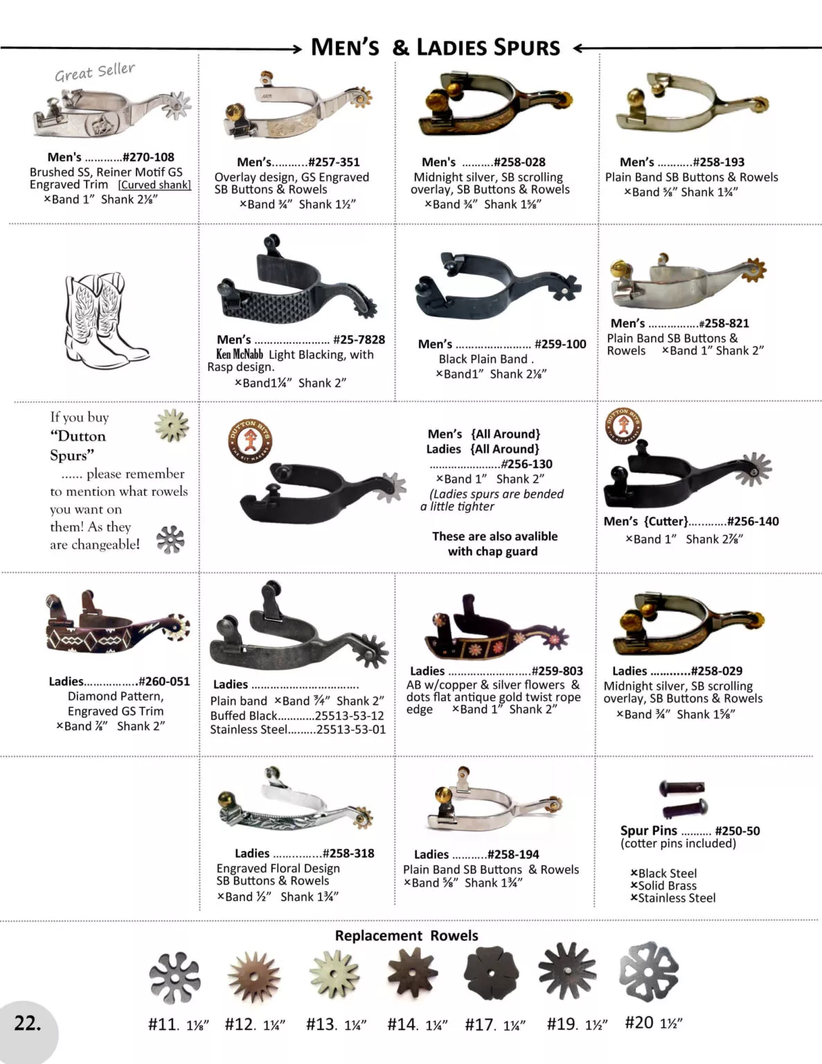 Miller's Saddlery Goshen IN Chart displaying various types of men's and ladies' spurs with descriptions, part numbers, and images, including options for different bands, rowels, and finishes. Rows of replacement rowels are outlined.