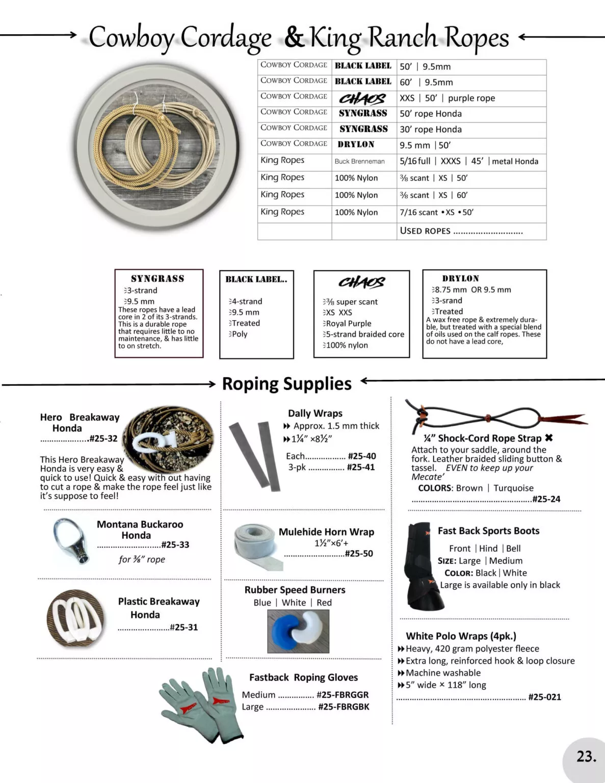 Miller's Saddlery Goshen IN A catalog page featuring various rope products and roping supplies, including detailed descriptions and prices for each item shown.