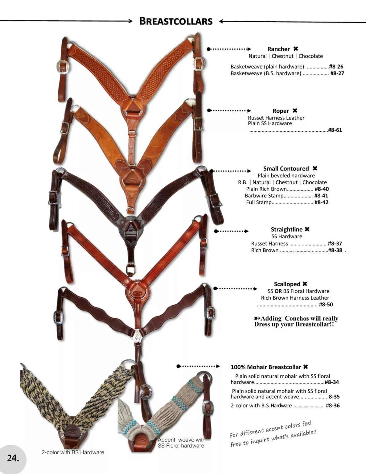 Miller's Saddlery Goshen IN Image showing various breastcollars with descriptions: Rancher, Roper, Small Contoured, Straightline, Scalloped, and 100% Mohair Breastcollar. They are available in different materials, colors, and hardware options.