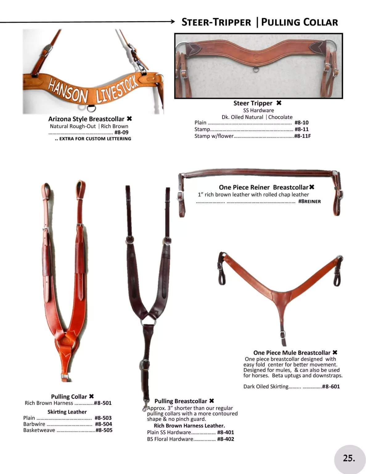 Miller's Saddlery Goshen IN Image showing a product catalog page for different types of livestock collars, including Arizona Style Breast Collar, Steer Tripper, One Piece Reiner Breastcollar, and One Piece Mule Breastcollar.