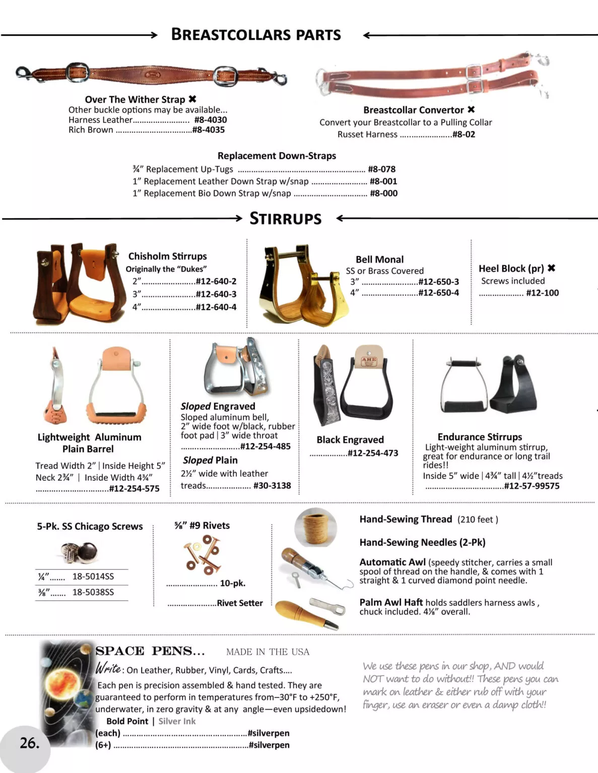 Miller's Saddlery Goshen IN Catalog page featuring various horse tack items such as breastcollar parts, stirrups, and accessories like space pens and Chicago screws. Each item includes descriptions, part numbers, and prices.