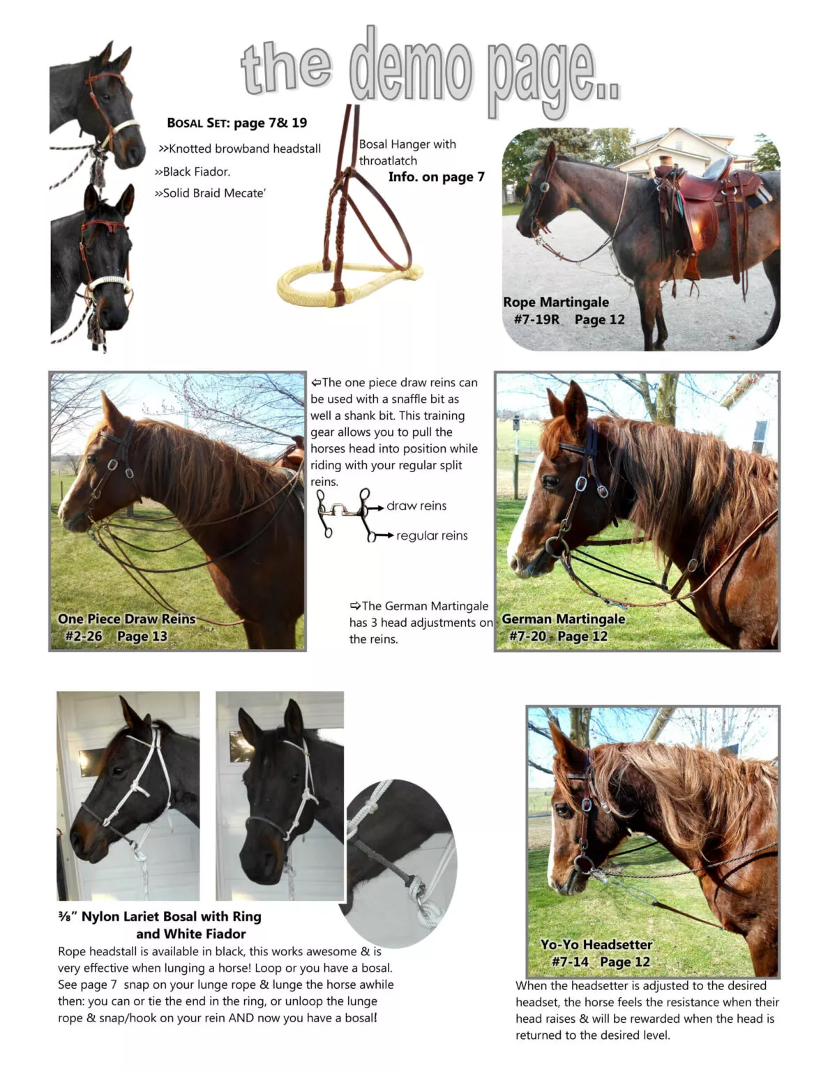 Miller's Saddlery Goshen IN A selection of horse tack including a Bosal set, rope martingale, draw reins, and headstalls, highlighted on a page with descriptive text and images of horses wearing the equipment.