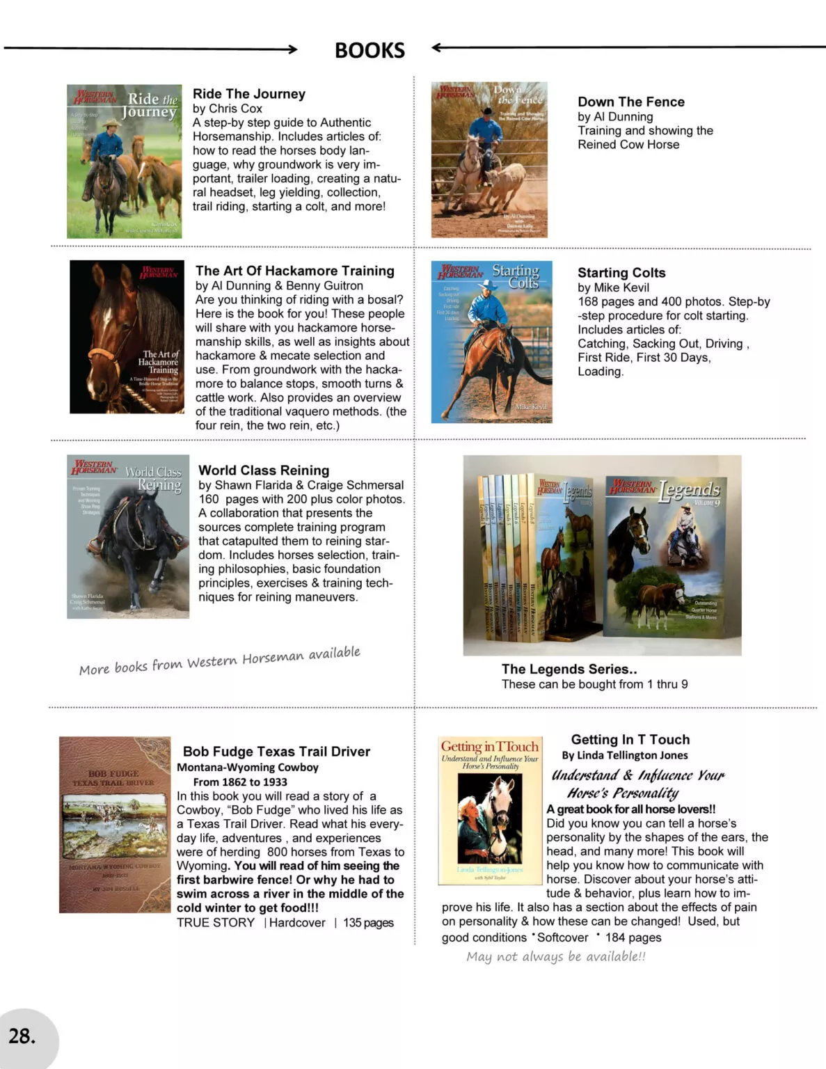 Miller's Saddlery Goshen IN A collection of book covers and descriptions on horseback riding and training, featuring titles such as "Ride the Journey," "Down the Fence," and "World Class Reining." Page 28 at the bottom left.