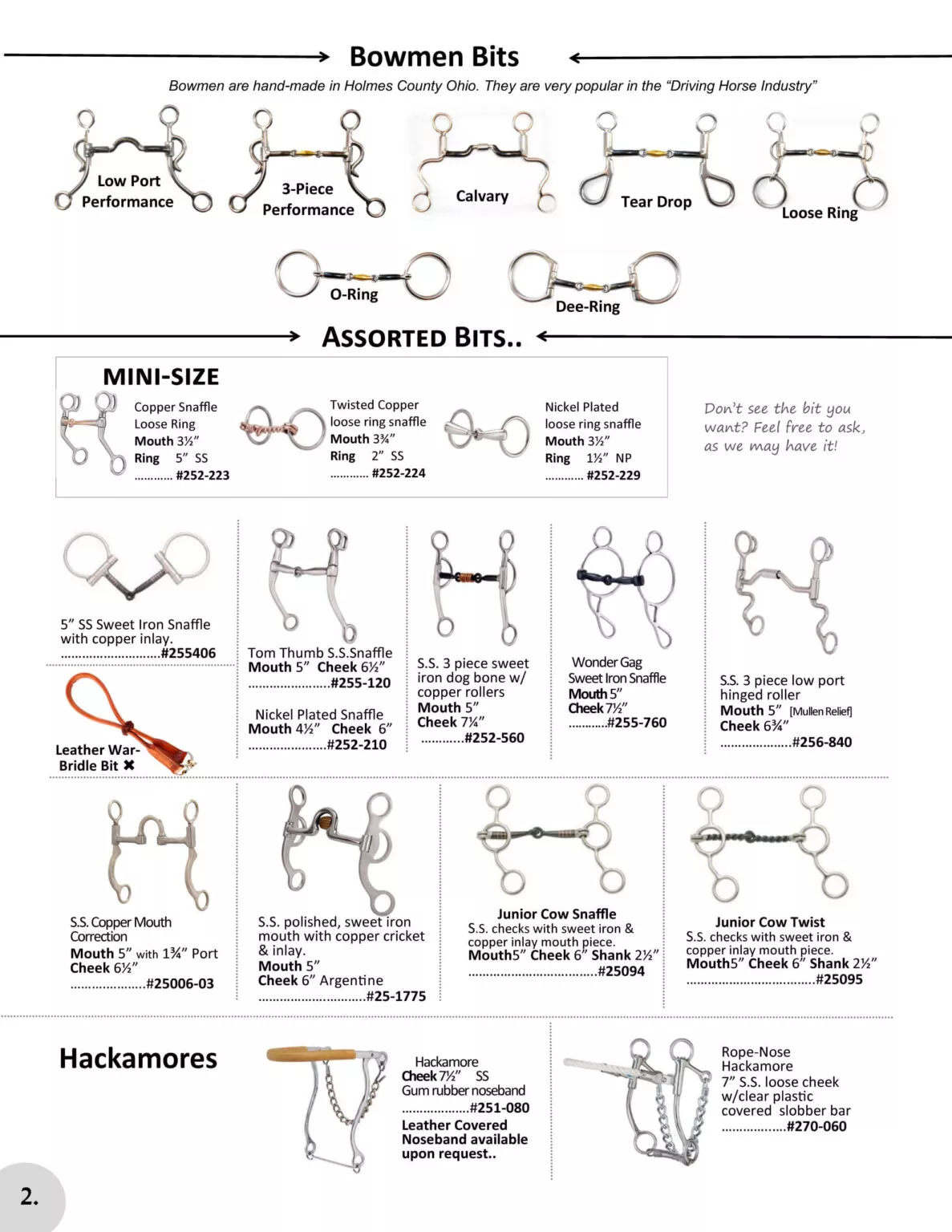Miller's Saddlery Goshen IN A catalog page displaying various types of horse bits and hackamores, including mini-size options, with descriptions and prices listed beneath each image.