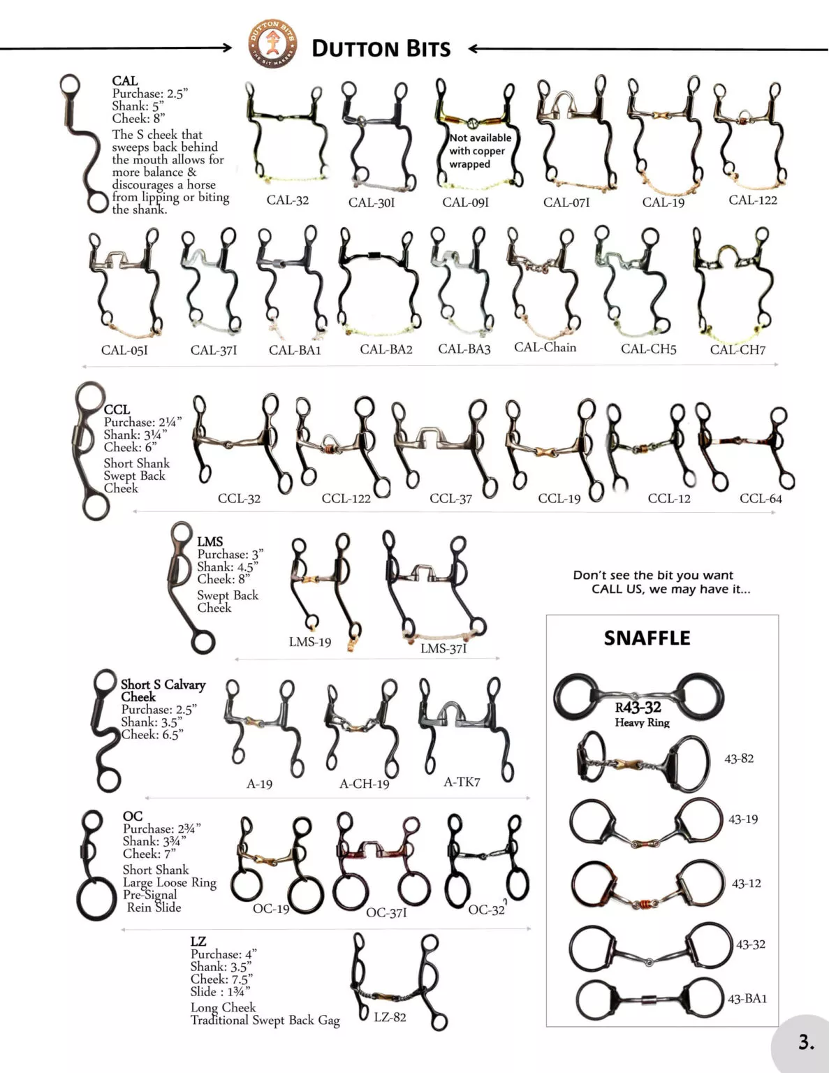 Miller's Saddlery Goshen IN Chart displaying various Dutton bits and snaffle bits for horse bridles, along with their specifications such as bar type, shank length, and mouthpiece style.