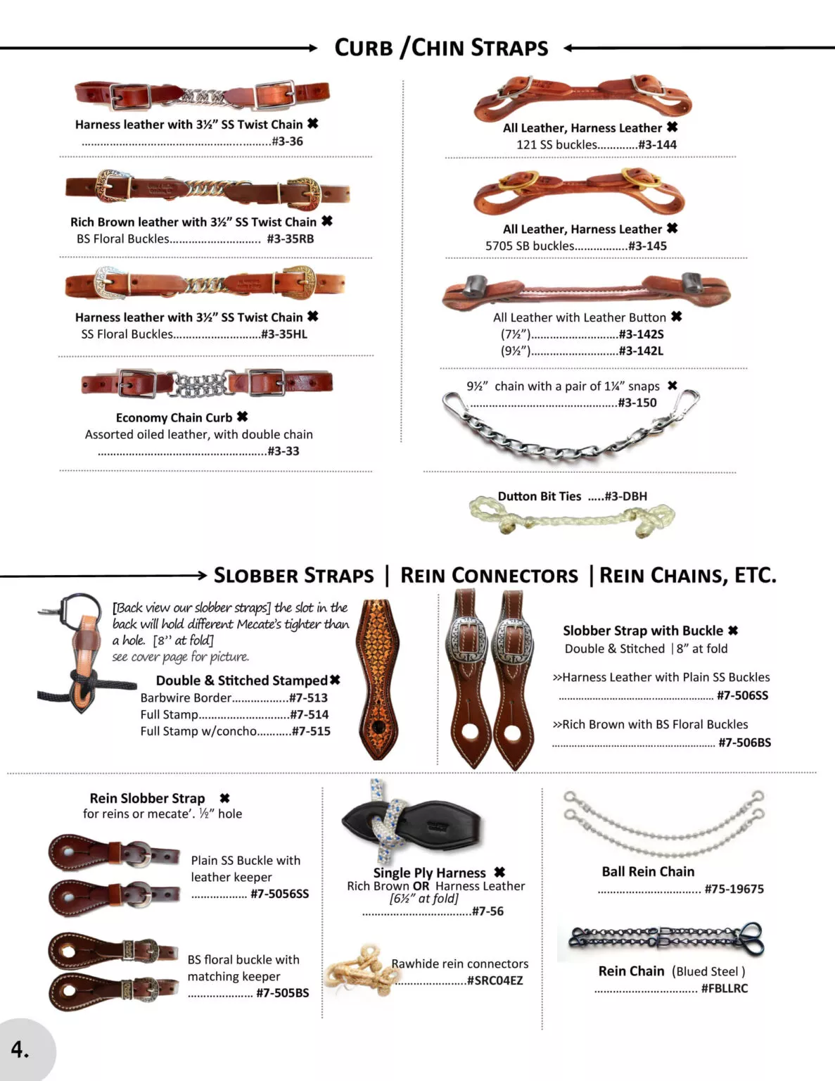 Miller's Saddlery Goshen IN A catalog page displaying various equestrian accessories including curb/chain straps, slobber straps, rein connectors, and rein chains. Each item features detailed descriptions, images, and item numbers.
