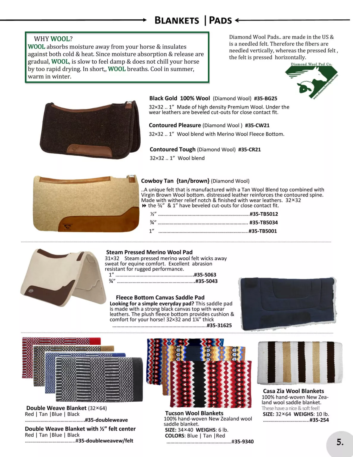 Miller's Saddlery Goshen IN A catalog page displaying various wool blankets and pads with descriptions, features, and prices. The top of the page explains the benefits of wool. The page is numbered "5" at the bottom.