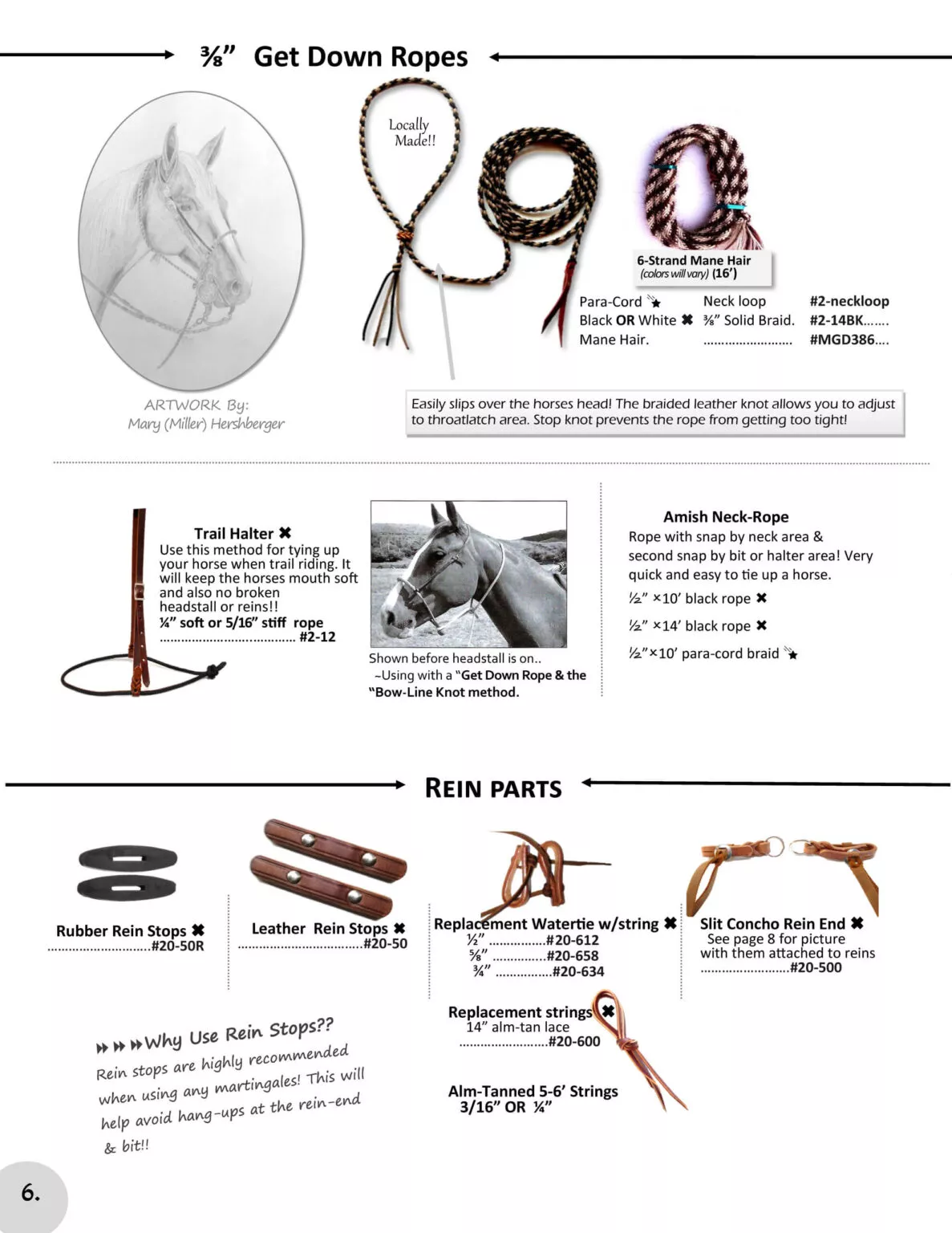 Miller's Saddlery Goshen IN A catalog page displaying various horse tack items, including get down ropes, rein stops, and rein parts with detailed descriptions, item codes, and illustrations of each product.