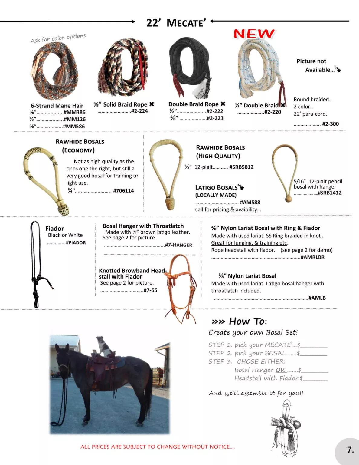 Miller's Saddlery Goshen IN Page from a catalog featuring horse tack, including 22' Mecate ropes, bosals, and various accessories. At the bottom, there's an instructional guide on creating a bosal set and an image of a horse.