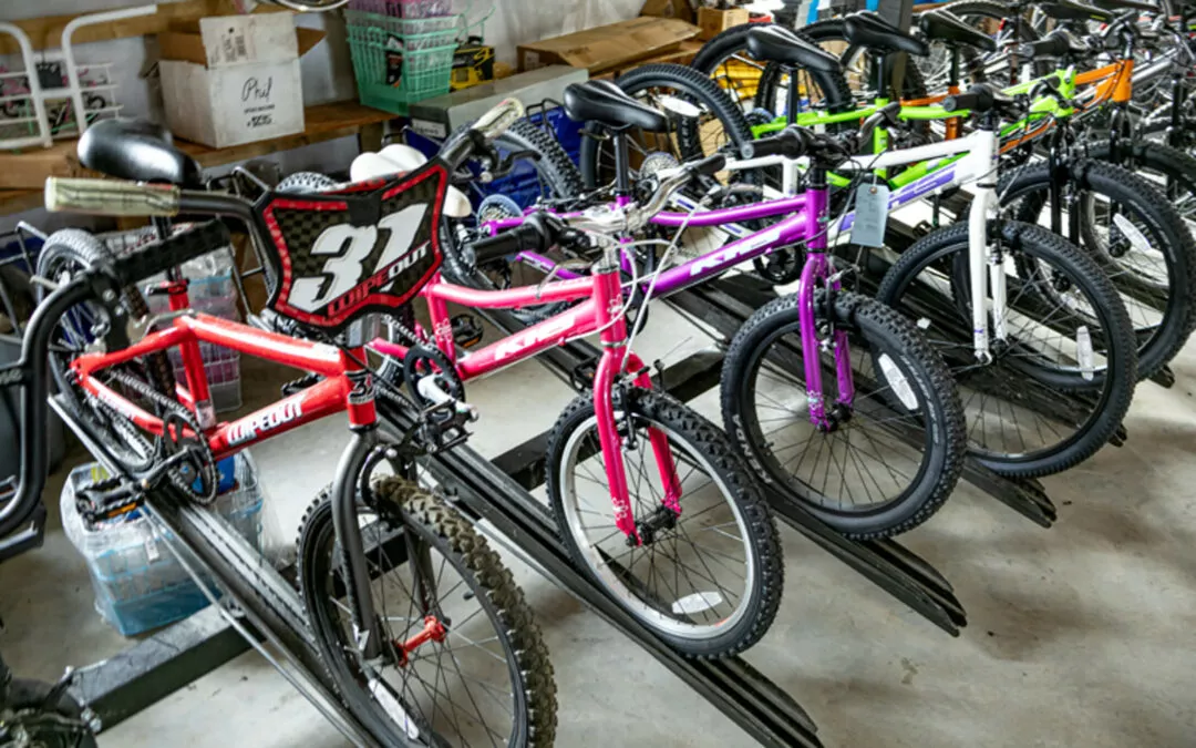 H & H Bicycles Liberty Kentucky A row of colorful bicycles, including a red bicycle with a number 31 plate, a pink bicycle, and others in orange, green, and white, are parked indoors in a bike shop