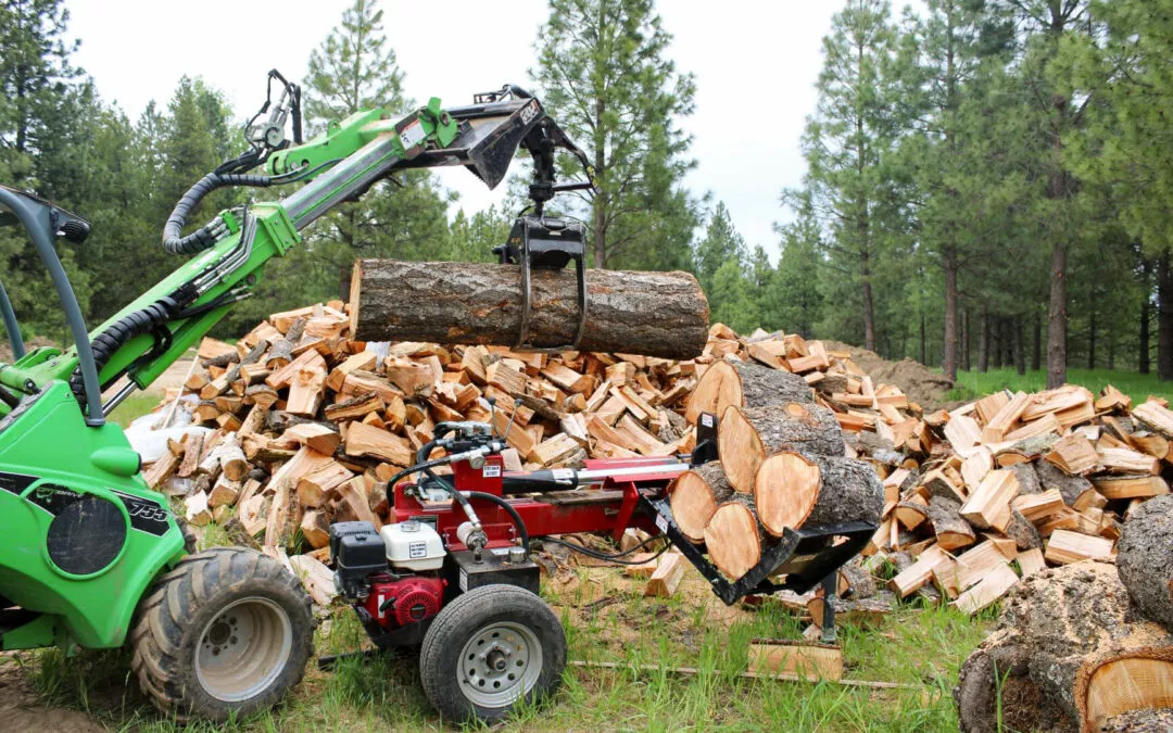 6.24.24 Treeco Gallery 2 A green tractor moves a large log while a red log splitter processes wood in front of a pile of chopped firewood, with a forest in the background.