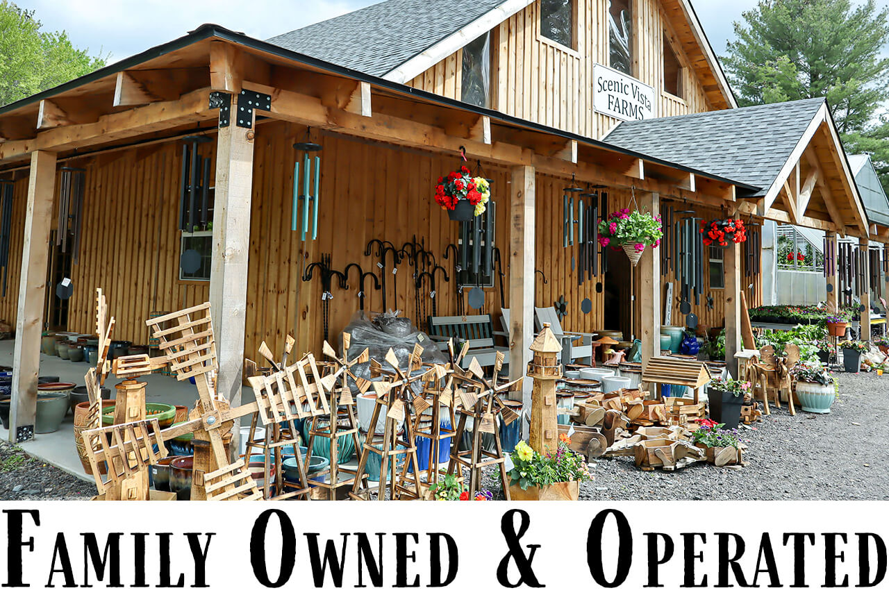 Scenic Vista Farms Watkins Glen NY A rustic wooden building with a "Family Owned & Operated" sign, displaying various handmade crafts, wind chimes, and flower baskets.