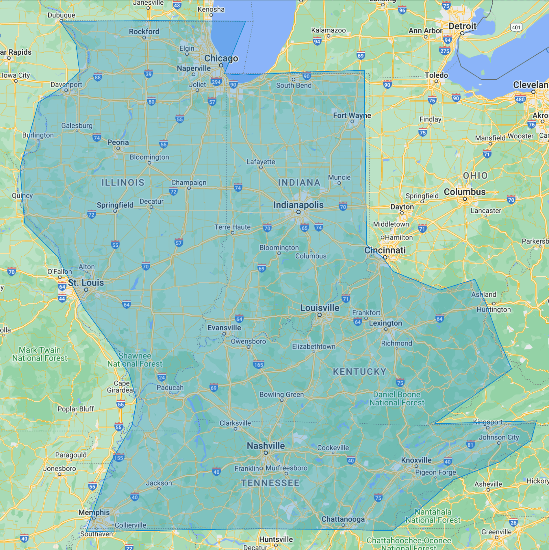 7.23.24 Southern KY Roofing Service Area Map 2 Map showing the Midwest region of the United States including states Illinois, Indiana, Ohio, Kentucky, and parts of Missouri, Tennessee, and Michigan with cities like Chicago, Indianapolis, and Nashville marked.