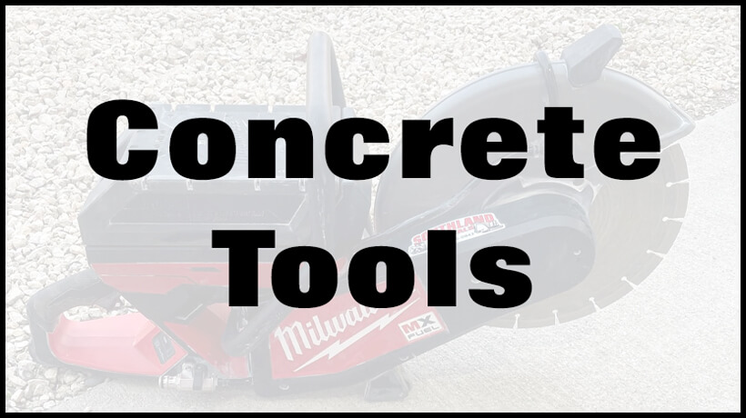 A concrete cutting saw labeled "Milwaukee" with text overlay that reads "Concrete Tools.