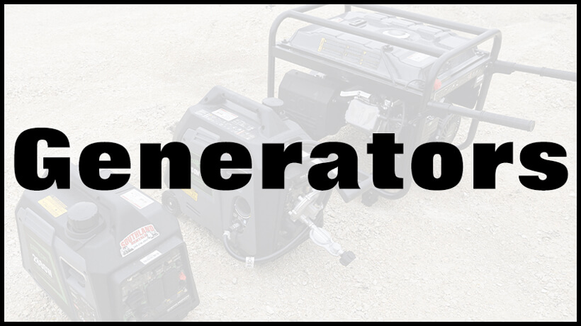 Image shows three portable generators on a gravel surface with the word "Generators" prominently overlaid in bold black letters.