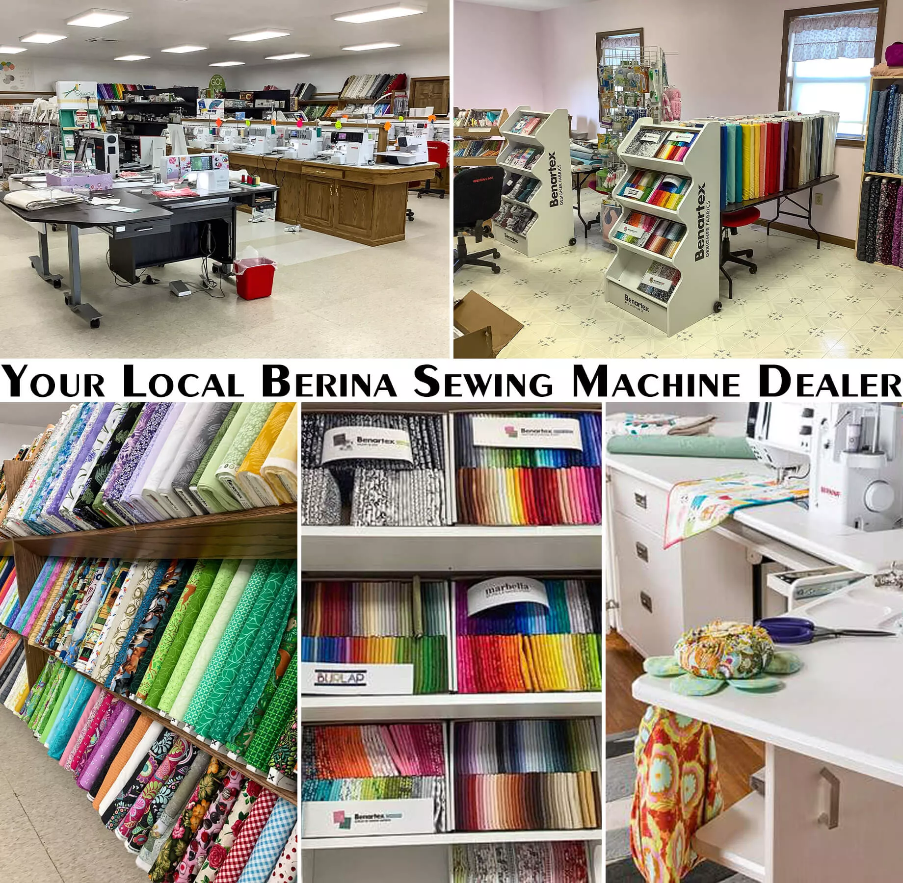 Blooming Grove Sewing Shiloh, OH A well-organized sewing store displays sewing machines, fabric rolls, thread spools, and sewing accessories with a sign reading "Your Local Bernina Sewing Machine Dealer.