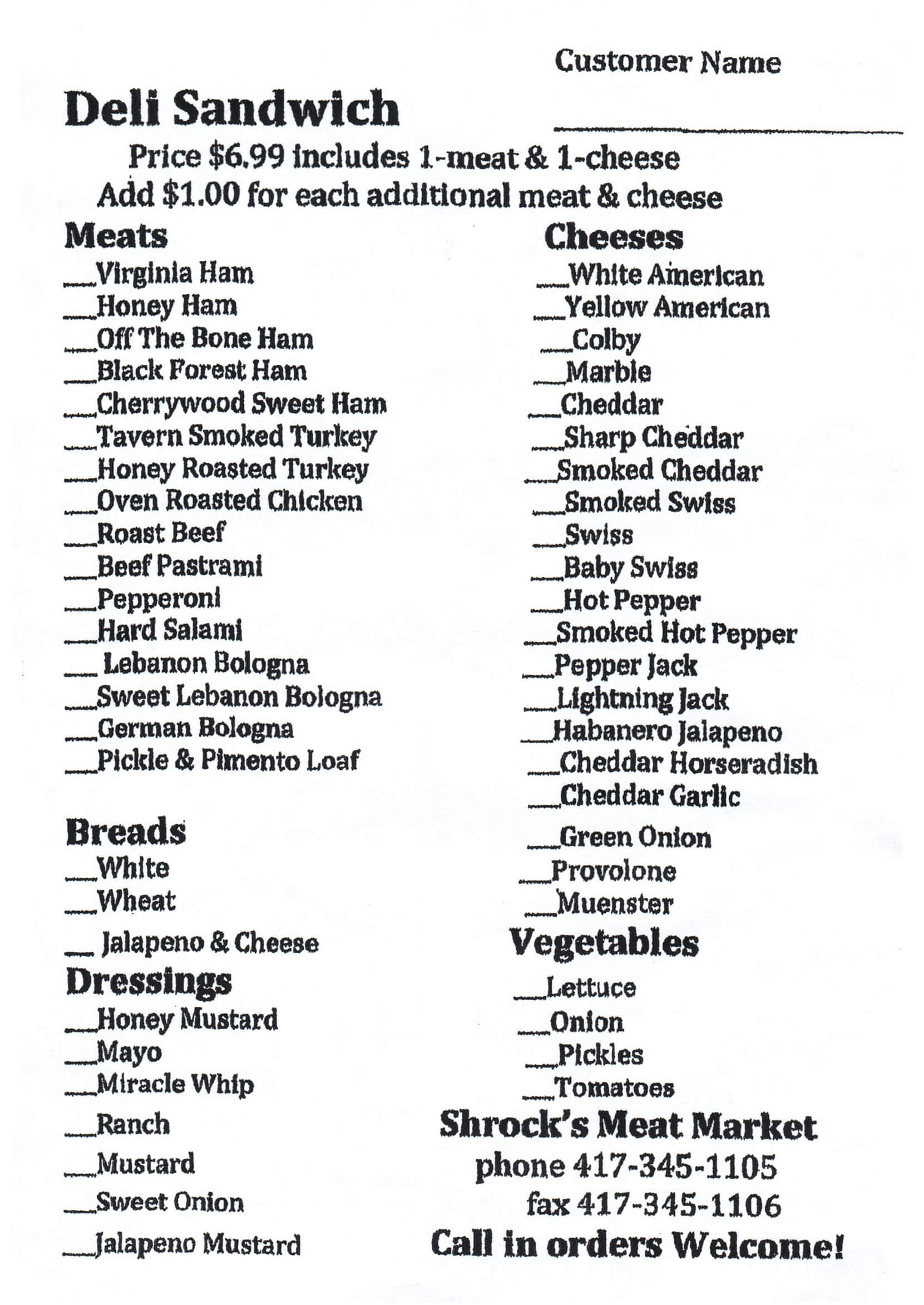 Deli sandwich menu listing meats, cheeses, breads, dressings, vegetables, and contact information for Shrock's Meat Market.