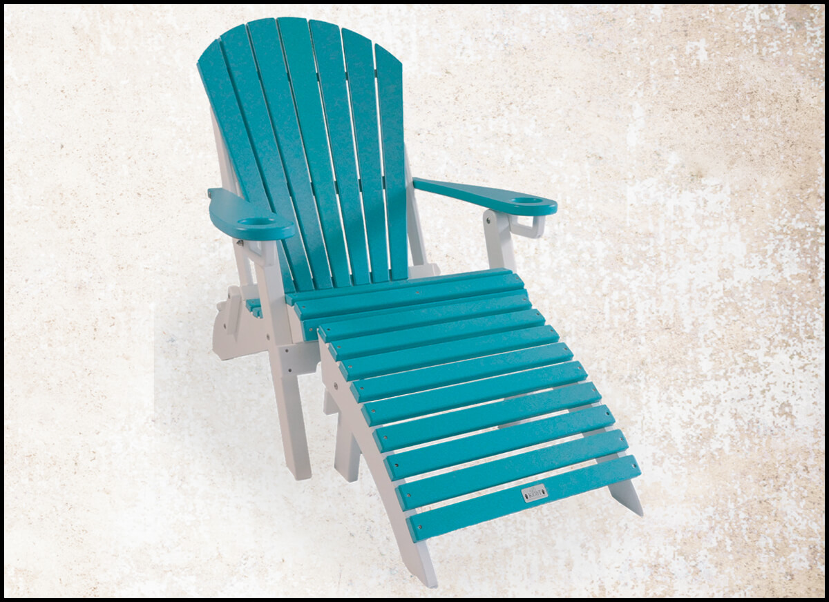 A teal Adirondack chair with a matching footrest on a textured light background.